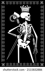 King playing card with skull and swords. Black and white background, vector illustration.