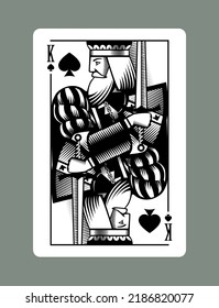 King playing card of Spades suit in vintage engraving drawing style. Vector illustration