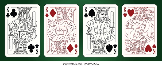 King playing cards set. Spades Hearts Diamonds and Clubs suits. 
Editable Vector illustration.