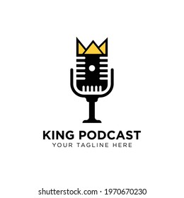 king podcast logo with golden crown icon vector with microphone in minimal style modern illustration.