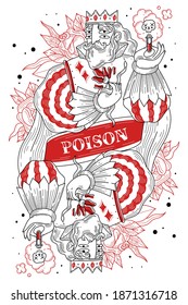 King poisoner. Man with crown and poison tube, symmetrical image with dividing tape, engraving style, old school hipster tattoo. Vector