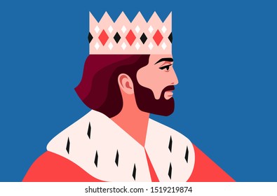 King portrait, side view. Male character, wearing crown and royal ermine mantle. Flat, isolated, blue background. Vector illustration