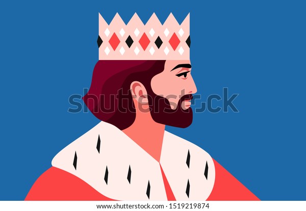 王様のポートレート 側面図 王冠と王室の外套を着た男性 青の背景に平ら ベクターイラスト のベクター画像素材 ロイヤリティフリー