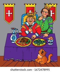 A king and a prince are eating from a big table with food. And a cat is watching them. Colored vector for card or gift. 