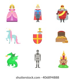 King, Prince, Princess And Related To Them Objects Set Of Flat Vector Icons In Cute Girly Style Isolated On White Bckground