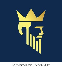 king profile logo with crown and beard in minimalist gold style, golden bearded king emblem for premium leadership or financial brand
