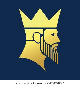king profile logo with crown and beard in minimalist gold style, golden bearded king emblem for premium leadership or financial brand 