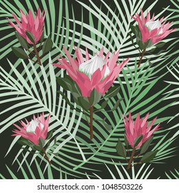 King protea flowers with palm leaf seamless pattern