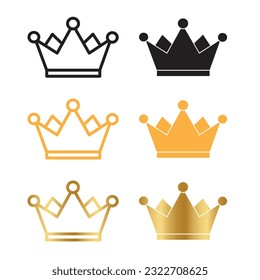 king or queen authority crown icon set. vip black, yellow and gold crown vector icon collection. 