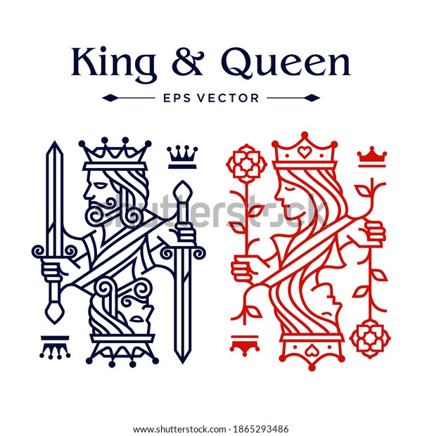 King and queen card drawing line illustration,\
casino poker logo design, Luxury red and blue color of King and\
queen Playing Card in white\
Background