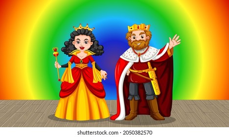 King And Queen Cartoon Character On Rainbow Gradient Background Illustration