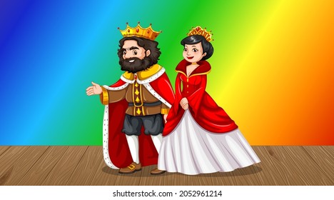 King and queen cartoon character on rainbow gradient background illustration