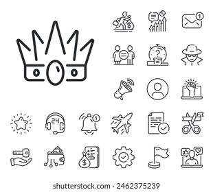 King or queen corona sign. Salaryman, gender equality and alert bell outline icons. Crown line icon. Royal monarchy symbol. Crown line sign. Spy or profile placeholder icon. Vector