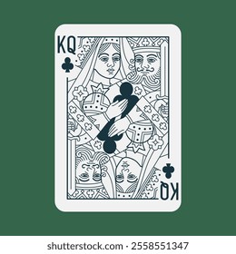 King and Queen (couple) of Clubs Poker non-existent playing card. Casino gambling design element. Vector illustration with editable stroke line. Author's design vision.