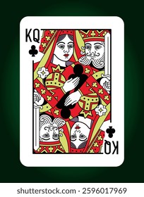 King and Queen couple Clubs suit, custom playing card. Editable stroke line. Vector illustration.