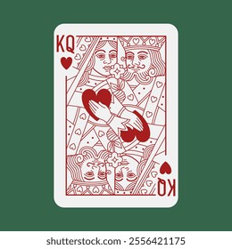 King and Queen (couple) of Hearts Poker non-existent playing card. Casino gambling design element. Vector illustration with editable stroke line. Author's vision, design.