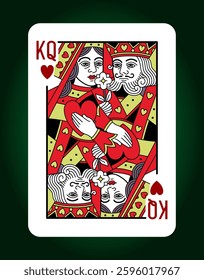 King and Queen couple Hearts suit, custom playing card. Editable stroke line. Vector illustration.
