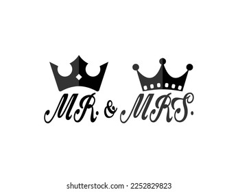 King and Queen couple Icon Vector illustration. Mr and Mrs Wedding card Sign with Crown, emblem isolated on White Background, Flat Style for Graphic and Silhouette, Logo, T-shirt, mug, Cup, Tattoo