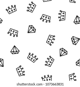 King and queen crown and brilliant on pattern background. Seamless pattern royal crown and diamond outline on white background
