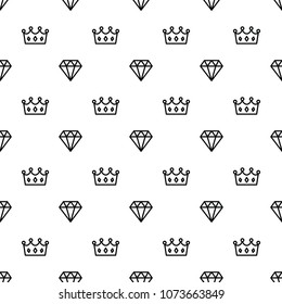 King and queen crown and brilliant on seamless pattern background. Pattern royal crown and diamond outline on white background