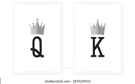 King and queen with crown, couple illustration, vector. King letter Kand queen letter Q, isolated on white background. Scandinavian minimalist art design. Two pieces poster design. Couple wall art