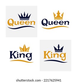 King and queen crown, couple logo. Royal princess and prince wedding text, gold typography letter, little sticker, cameo design. Luxury imperial logotype. Vector design garish icons with text