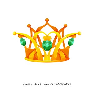 King or queen crown of gold, isolated luxurious coronet with jade gemstones. Vector monarchy and kingdom authority symbol. Royal tiara wealthy and precious jewelry for monarchs, price or princess