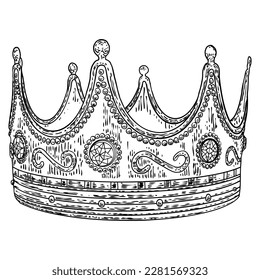 El rey o la reina coronan en un estilo de grabado vintage. Dirección de coronación para rey y reina. Corona de joyas de la monarquía noble del aristócrata. Símbolo del tesoro de joyas monarcas. Vector de dibujo manual.