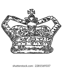 König oder Königin gekrönt auf in Vintage-Ätzstil. Krönungsheizung für König und Königin. Königlich edler aristokratischer Monarchie-Juwel-Krone. Monarchen-Juwelen-Schatzsymbol. Handzieher, Vektor.