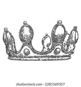 König oder Königin gekrönt auf in Vintage-Ätzstil. Krönungsheizung für König und Königin. Königlich edler aristokratischer Monarchie-Juwel-Krone. Monarchen-Juwelen-Schatzsymbol. Handzieher, Vektor.