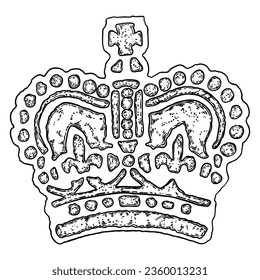 König oder Königin gekrönt auf in Vintage-Ätzstil. Krönungsheizung für König und Königin. Königlich edler aristokratischer Monarchie-Juwel-Krone. Monarchen-Juwelen-Schatzsymbol. Handzieher, Vektor.