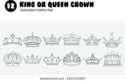 Conjunto de ilustración de contorno de corona de rey o reina	