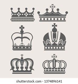 King or Queen crown royalty accessory or headdress vector power monochrome symbol treasure gold and gemstones ancient jewelry Medieval monarchy heraldry cross and diamonds ancient Victorian coronet.