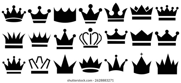  King or queen crown vector icons set isolated on white background. Crown icons set black silhouettes. Crown king premium quality symbol collection. Stock vector elements isolated. Crown icon set.
