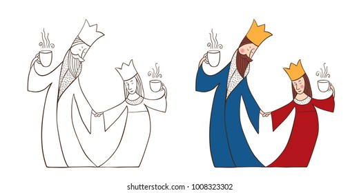 The king and Queen dance. The royals are holding cups of tea or coffee. Vector illustration of hand-drawn.