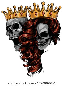 King and queen of death. Portrait of a skull with a crown.