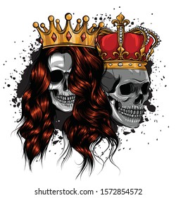 King and queen of death. Portrait of a skull with a crown.