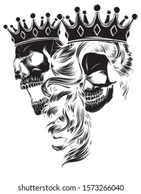 King and queen of death. Portrait of a skull with a crown.