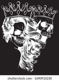 King and queen of death. Portrait of a skull with a crown in black background