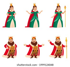 King and queen in different poses. Royal characters in cartoon style.
