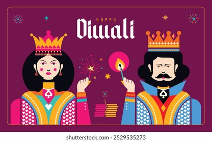 KING e QUEEN Diwali desejam design de modelo de cartão de saudação.