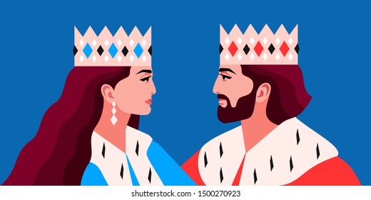 King and queen. Female and male characters, face to face, side view, wearing crowns and royal ermine mantles. Vector illustration