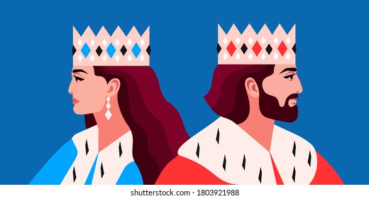 King and Queen. Female and male characters in crowns and royal ermine mantles. Vector illustration