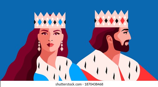 King And Queen. Female And Male Portraits, Full Face And Side View. Cartoon Characters Wearing Crowns And Royal Ermine Mantles. Vector Illustration