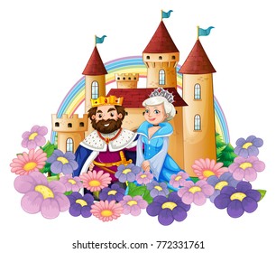 King and queen in flower garden at palace illustration