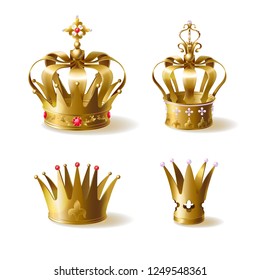 King or queen golden crowns decorated with precious gems realistic vector set isolated on white background. Medieval ruler ceremonial headwear, emperors monarchy power symbol illustration collection