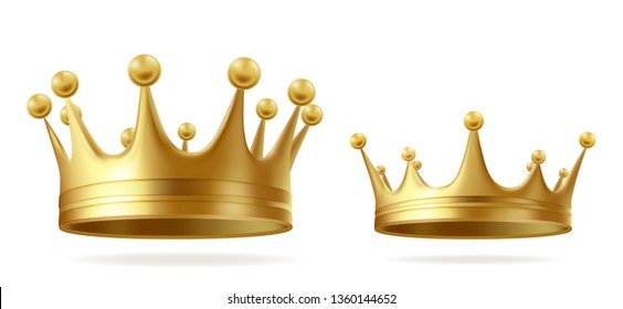 King or queen golden crowns realistic vector set isolated on white background. Medieval ruler ceremonial headwear, emperors monarchy power symbol illustration collection