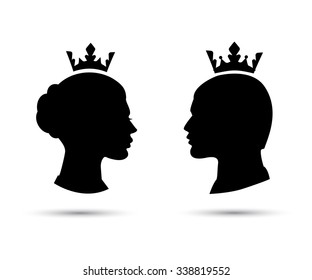 king and queen heads, king and queen face, black silhouette of king and queen. Royal family. Vector icons isolated on white