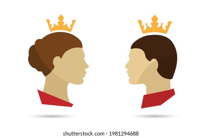 King and queen heads, king and queen face, colorful silhouette of king and queen. Royal family. Vector icons isolated on white