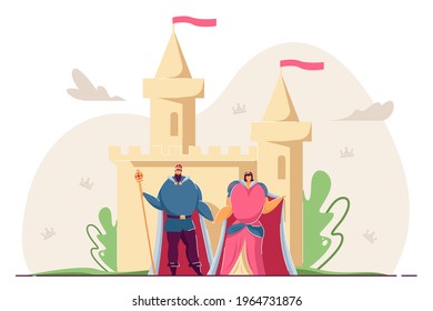 King and queen holding hands in front of castle. Cartoon royal family, ancient palace flat vector illustration. Monarchy, fairytale, Middle Ages concept for banner, website design or landing web page